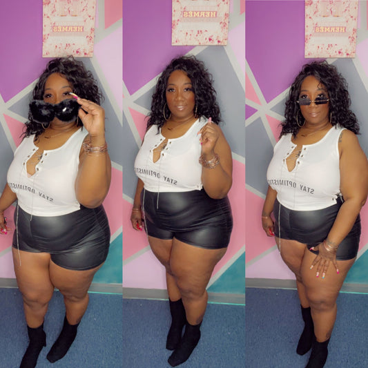 Optimistic top and leather shorts