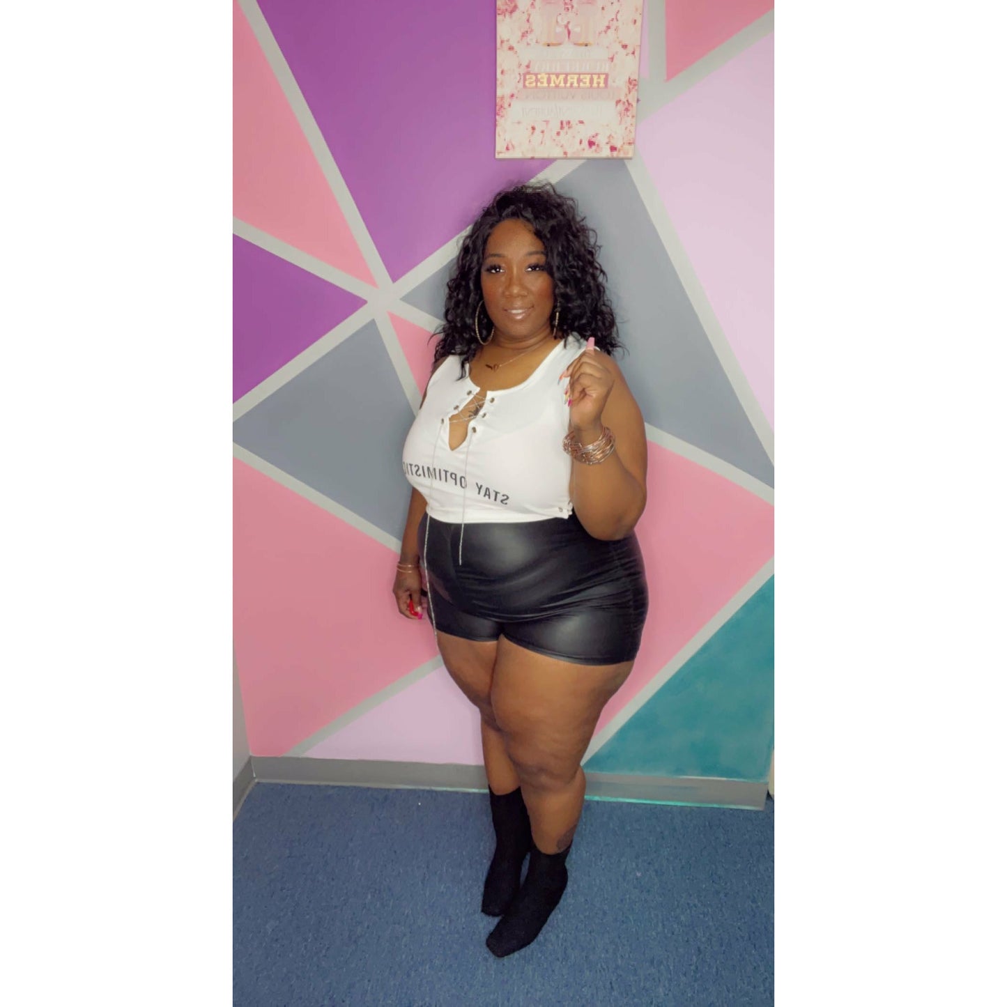Optimistic top and leather shorts