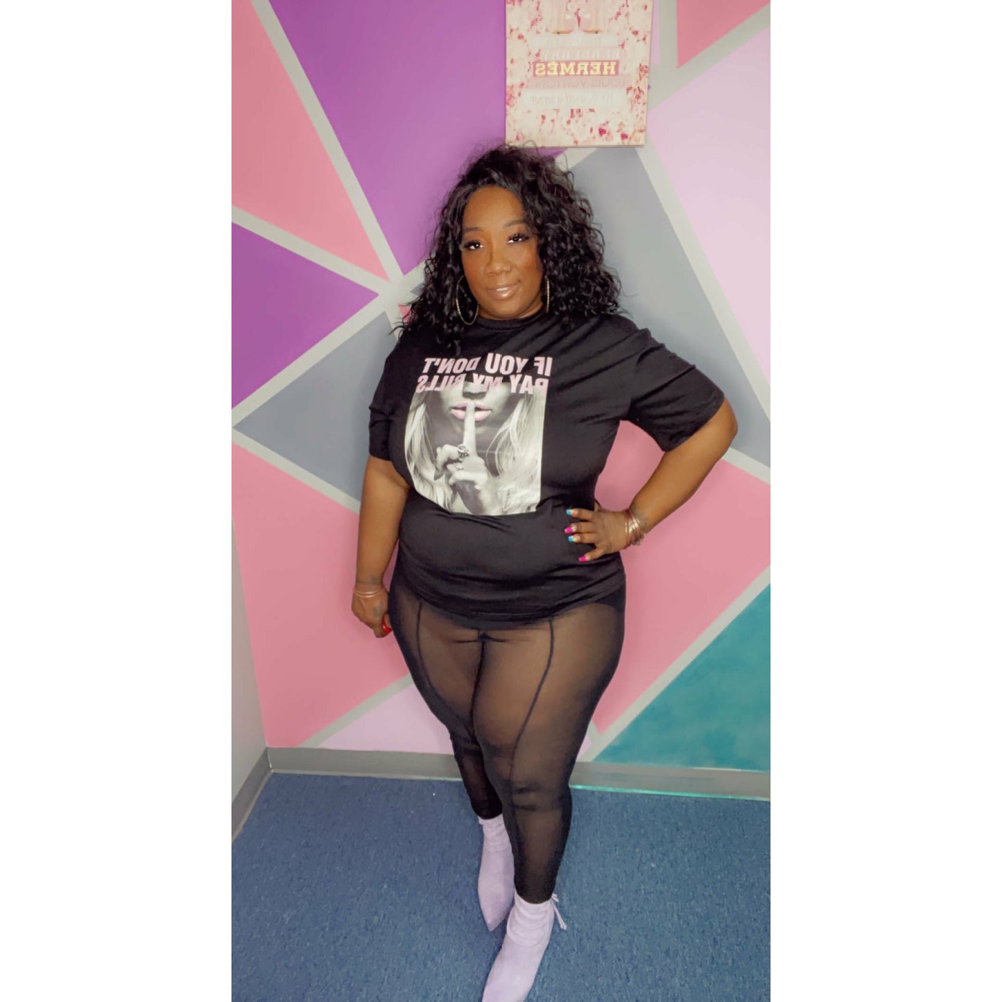 Mesh tight and Pay Bills shirts
