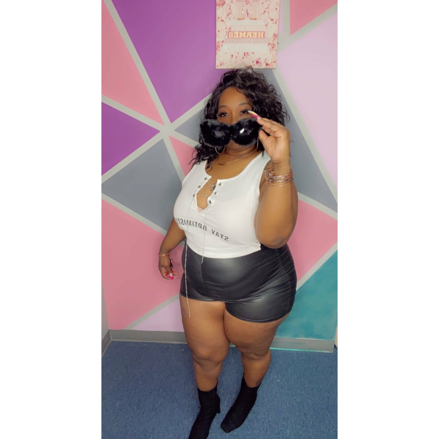 Optimistic top and leather shorts