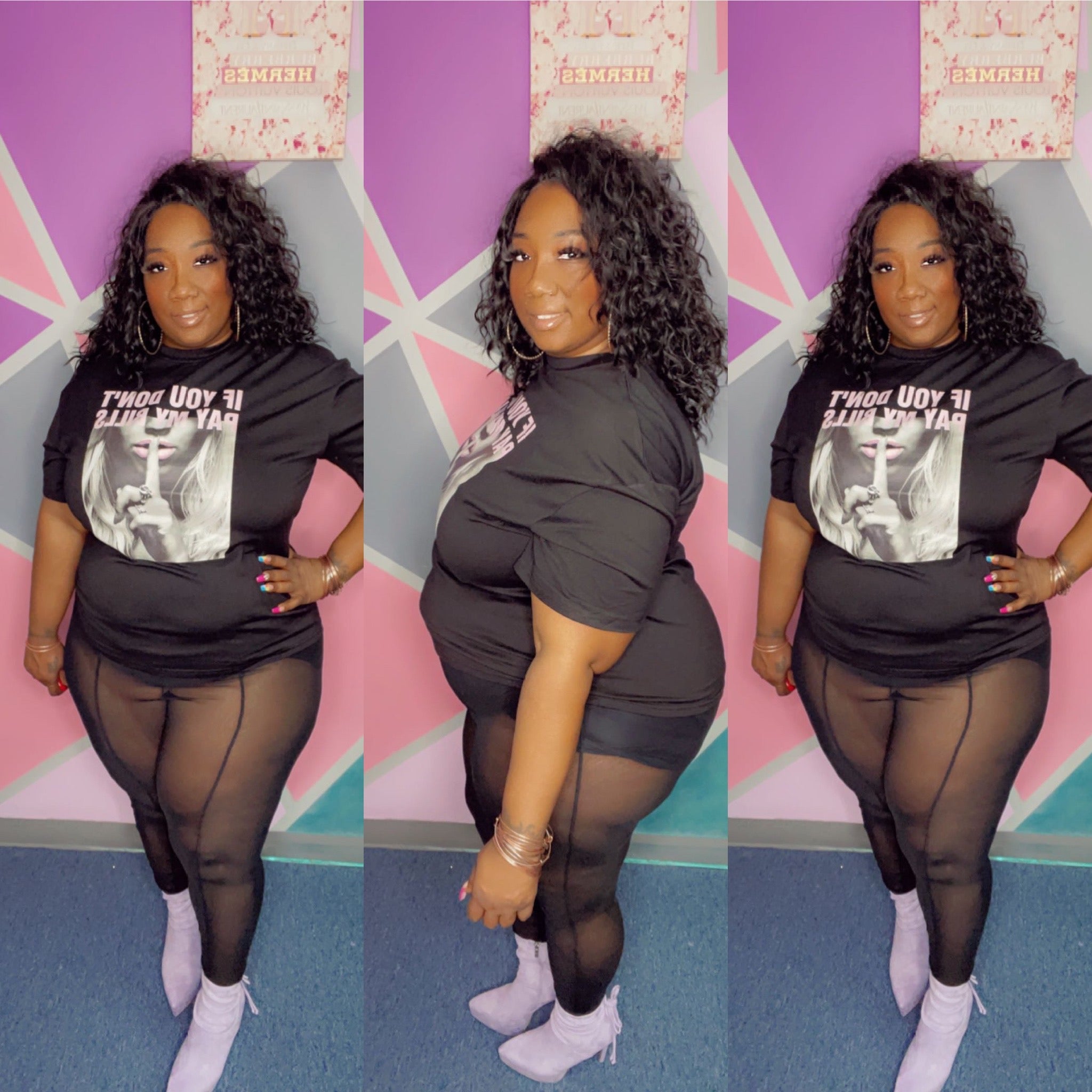 Mesh tight and Pay Bills shirts