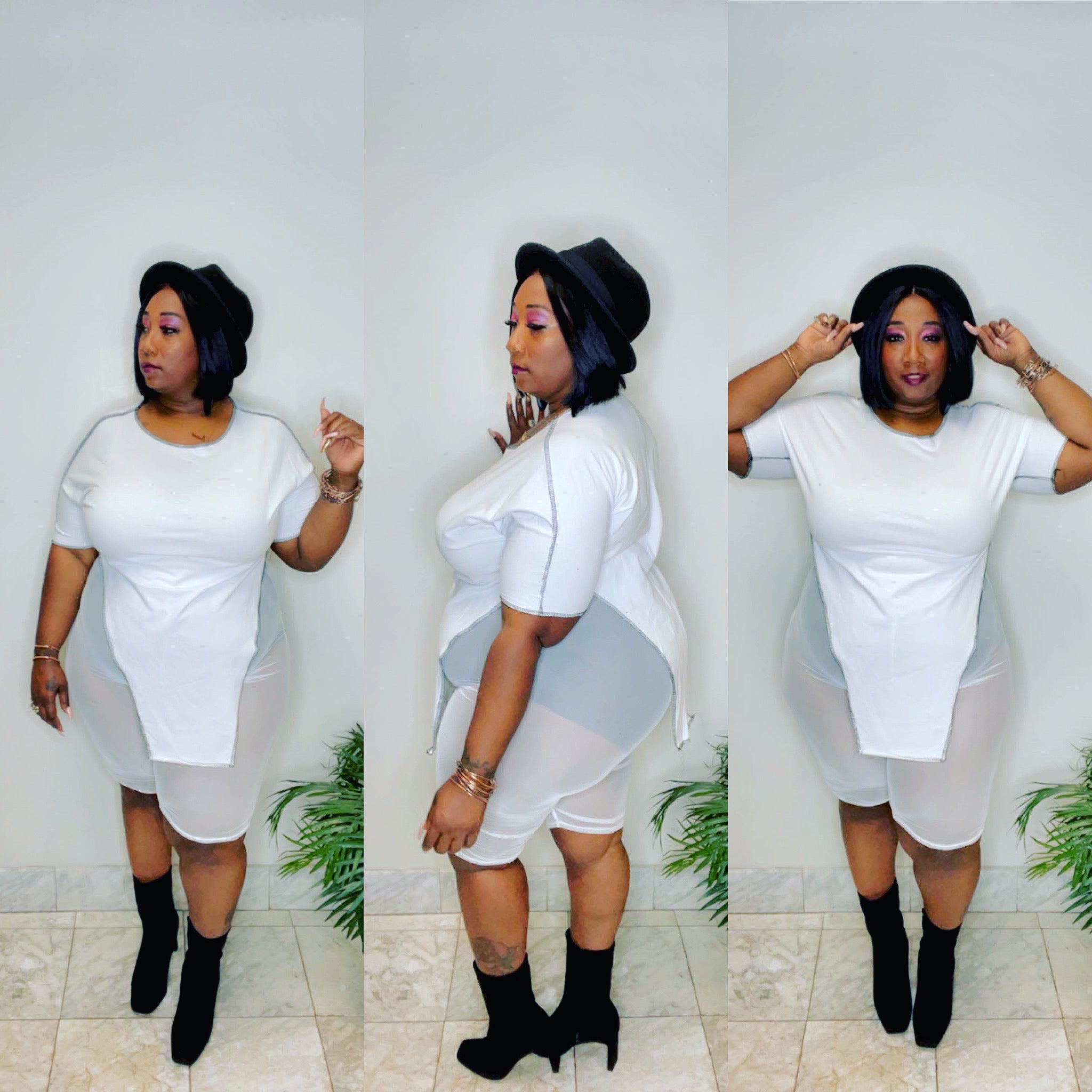 Irregular top white mesh biker shorts